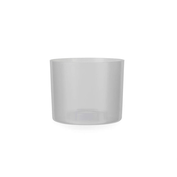 Grey plastic plant pot, cylindrical shape, shown on white background