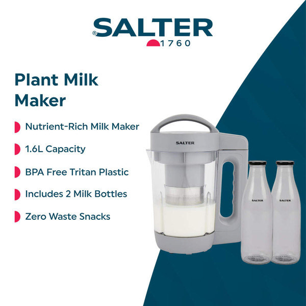 Salter plant milk maker with 1.6L capacity and two glass milk bottles