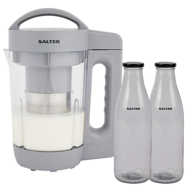 Salter plant milk maker in grey with two empty glass bottles