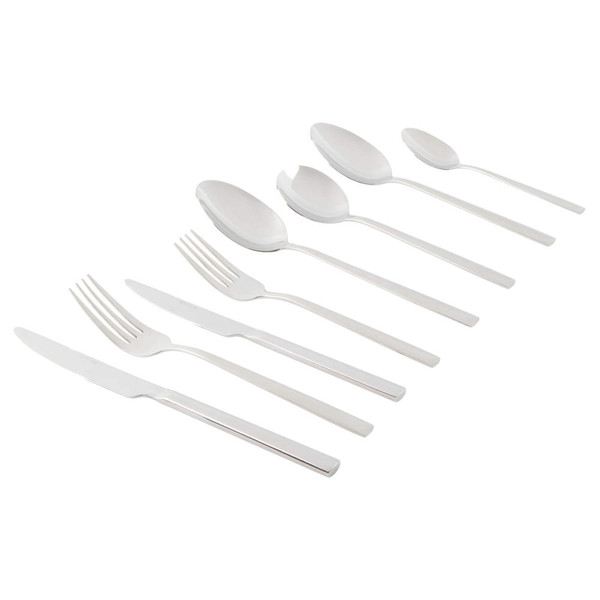 Stainless steel cutlery set showing sizes for knife, fork, spoon and teaspoon.