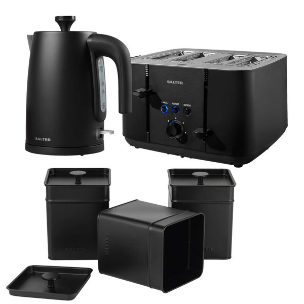 Matte black Salter kettle, 4-slice toaster, and three matching storage canisters.