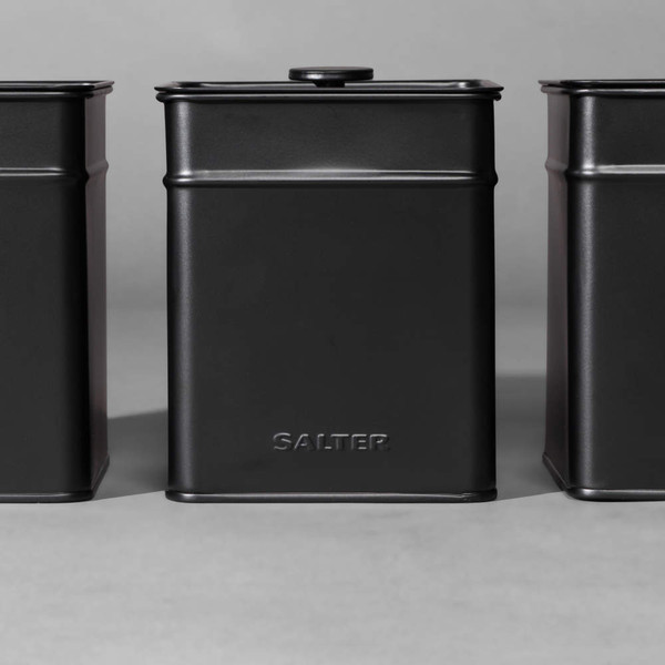 Black metal storage tin with Salter logo, front view