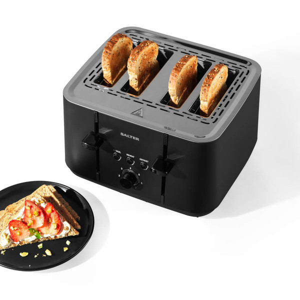 Black 4-slice toaster with toast and plate of strawberry-topped toast on white background