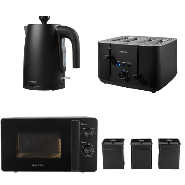 Black Salter kitchen set with kettle, 4-slice toaster, microwave, and three storage canisters