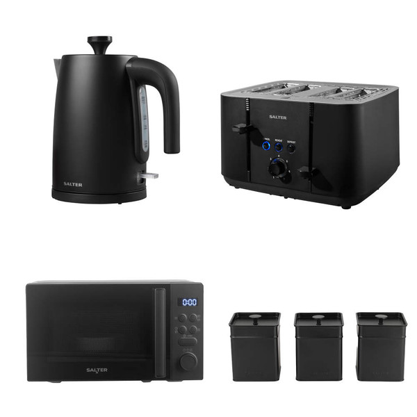 Black kitchen appliance set with kettle, 4-slice toaster, microwave and 3 canisters