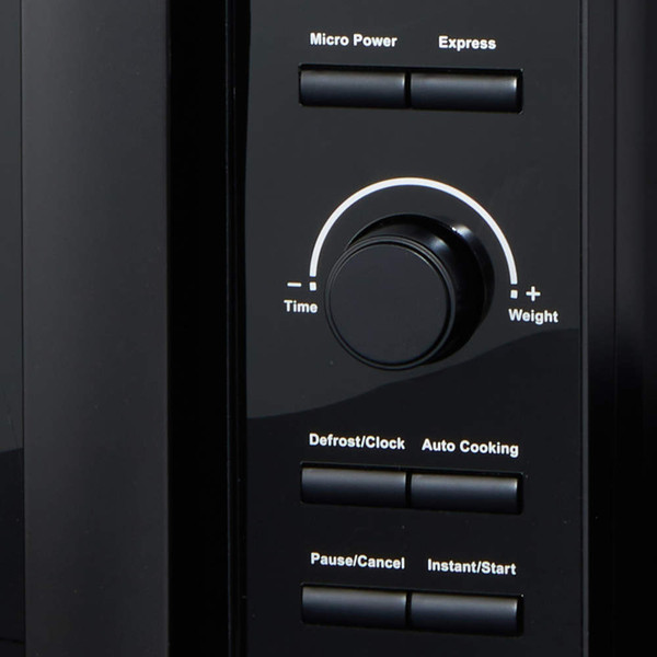 Close-up of black microwave control panel showing dial and buttons for cooking settings