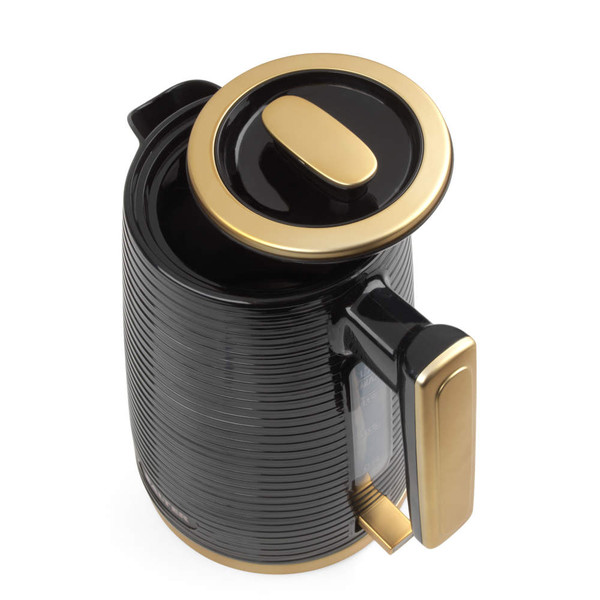 Black electric kettle with gold accents and textured finish, shown from above
