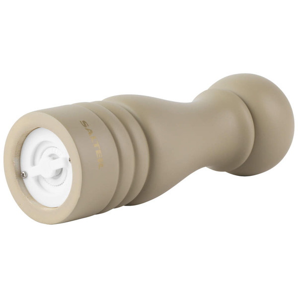 Beige manual pepper mill, ceramic grinder visible, laid on side