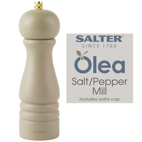 Beige Salter Olea salt or pepper mill with gold cap, includes extra cap