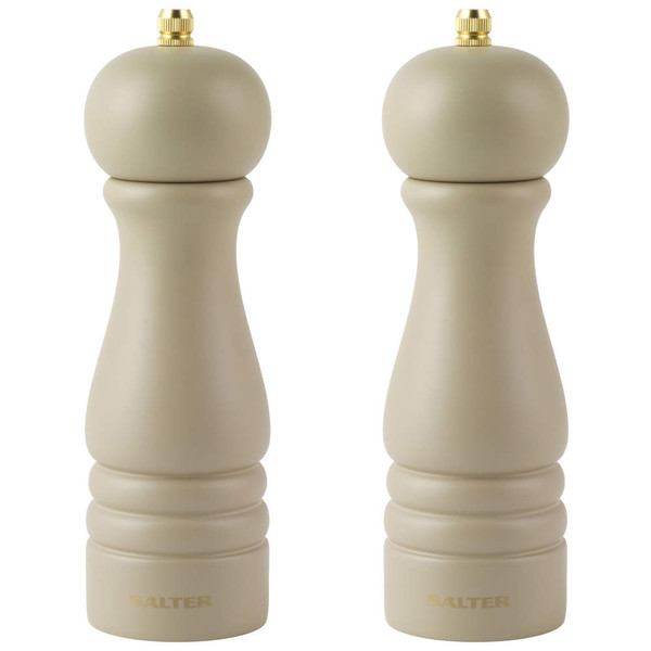 Set of two beige Salter salt and pepper mills with gold tops