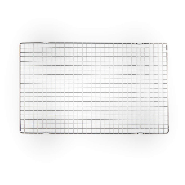 Silver cooling rack for baking, rectangular wire grid seen from above