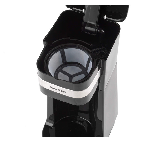 Salter black filter coffee machine with open lid and reusable mesh filter basket
