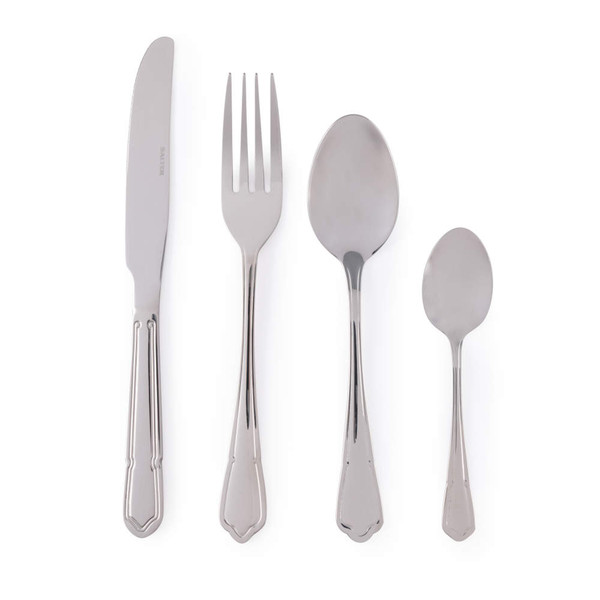 Set of four silver stainless steel cutlery pieces: knife, fork, tablespoon, teaspoon.