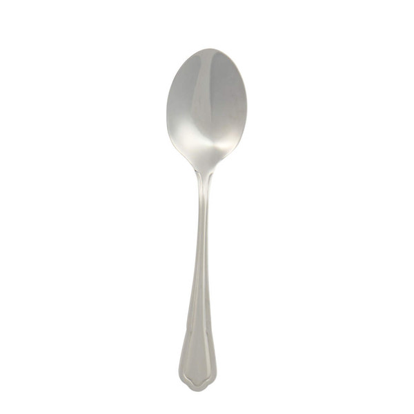 Stainless steel dessert spoon with a decorative handle, front view on white background
