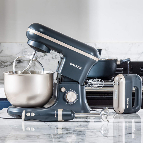 Salter grey mixer set with stand mixer, hand mixer and blender on kitchen counter