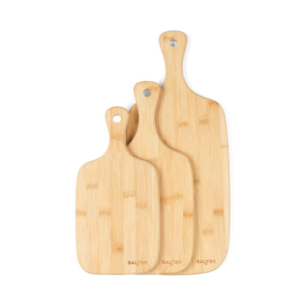 Set of three natural bamboo chopping boards with handles, shown stacked.