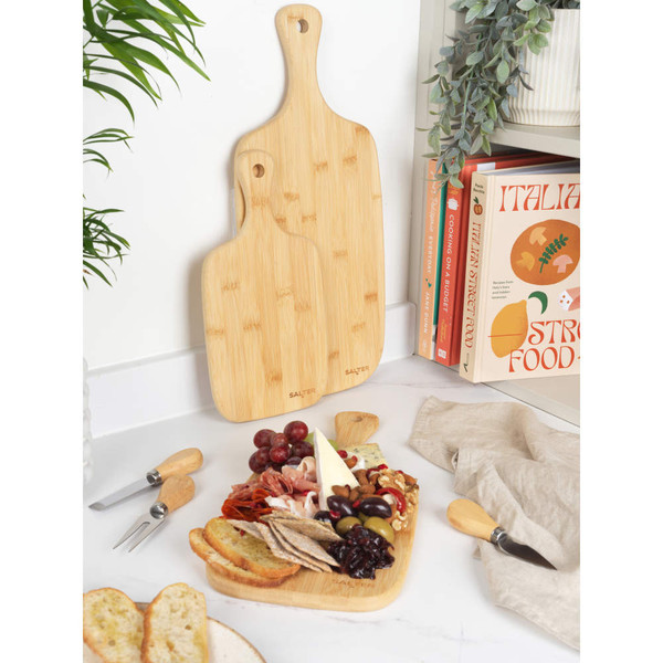 Set of two bamboo serving boards with Salter branding, shown with charcuterie.