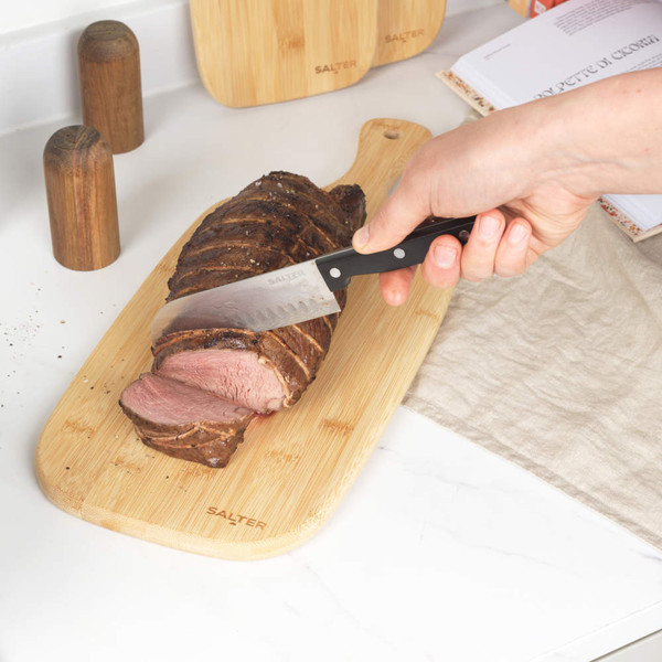 Set of two bamboo serving boards with Salter branding, shown with charcuterie.