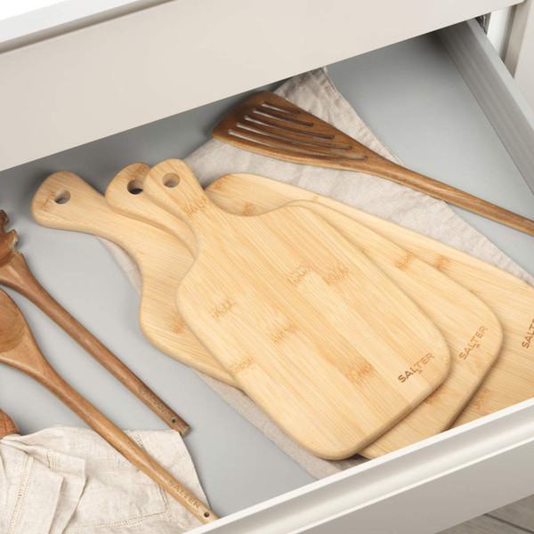 Set of three bamboo chopping boards in kitchen drawer, Salter branded.