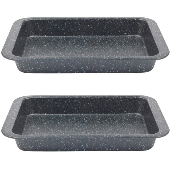 Set of 2 black speckled non-stick roasting trays, rectangular, shown from above.