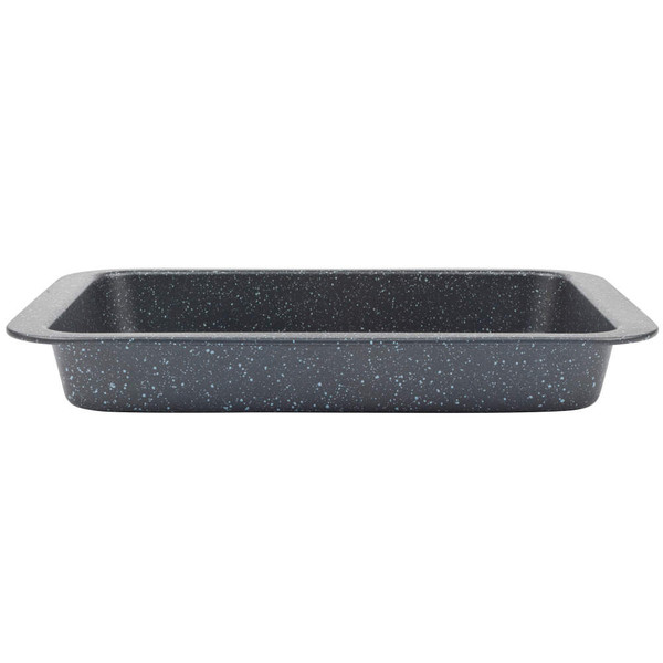 Rectangular black speckled baking tray shown from the side