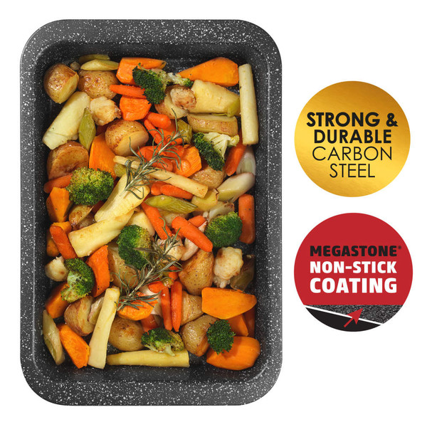 Roasting tray with mixed root vegetables, showing non-stick carbon steel coating
