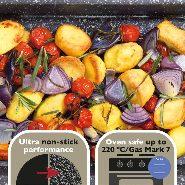 Roast potatoes, red onion, tomatoes and rosemary on a non-stick baking tray, promotional graphic