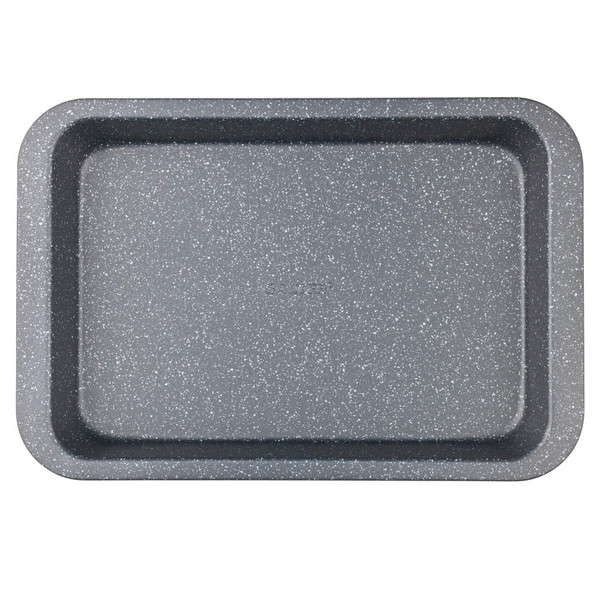 Grey speckled rectangular baking tray, top view