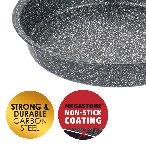 Round Megastone non-stick baking tin, grey speckle, with strong carbon steel feature badges.
