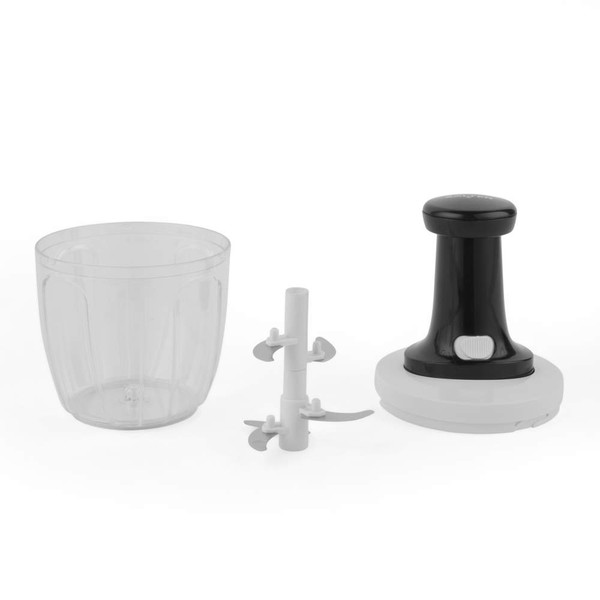 Chopper set with clear bowl, triple blade attachment, and black handle lid