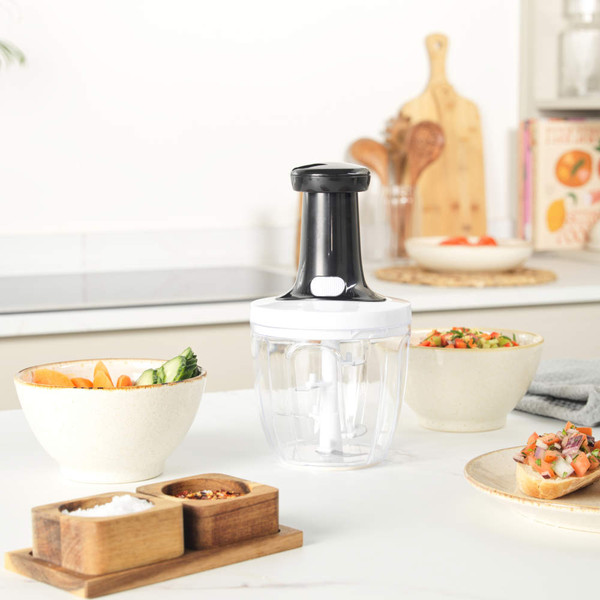 Chopper set with clear bowl, triple blade attachment, and black handle lid