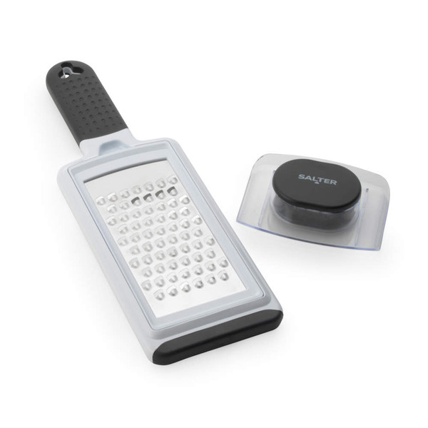 Handheld grater with black handle and matching food holder, shown on a white background