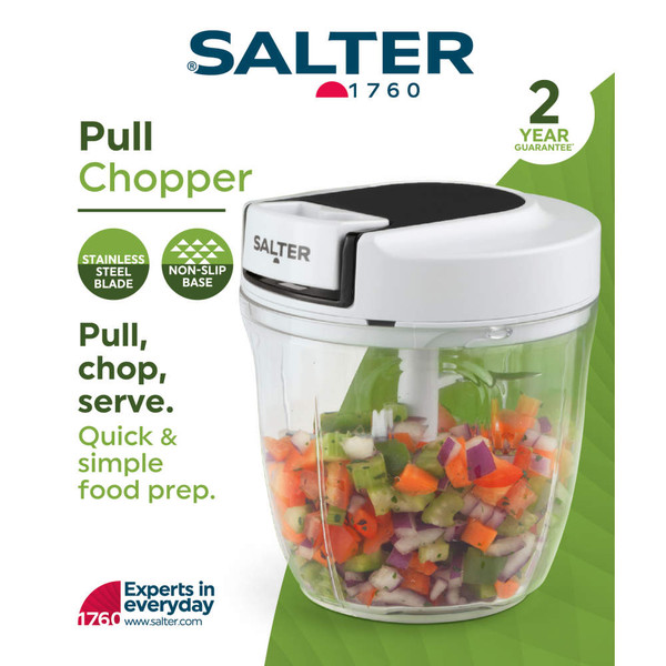Salter pull chopper with white lid, shown with chopped vegetables inside, for easy food prep
