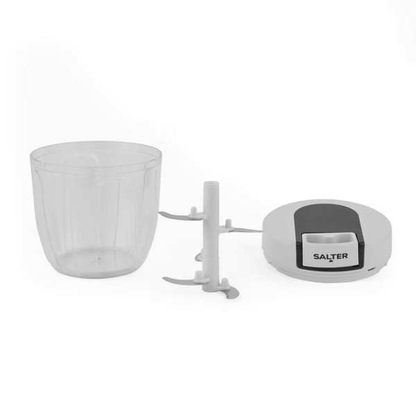 Salter electric food chopper parts shown: transparent bowl, blade, and white lid.