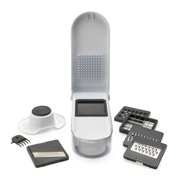 Multi-blade black and white vegetable chopper with interchangeable slicing and grating attachments