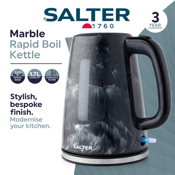 Black marble-effect rapid boil electric kettle, 1.7L, Salter brand.