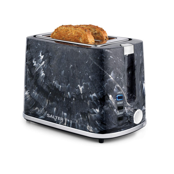Black marble-effect two-slice toaster with toasted bread, Salter branding and control buttons.