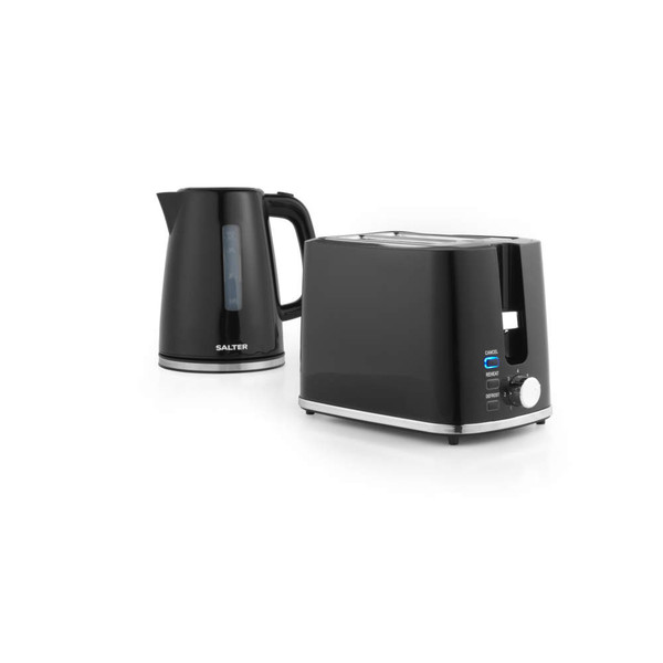 Black electric kettle and two-slice toaster set with chrome trim, side view