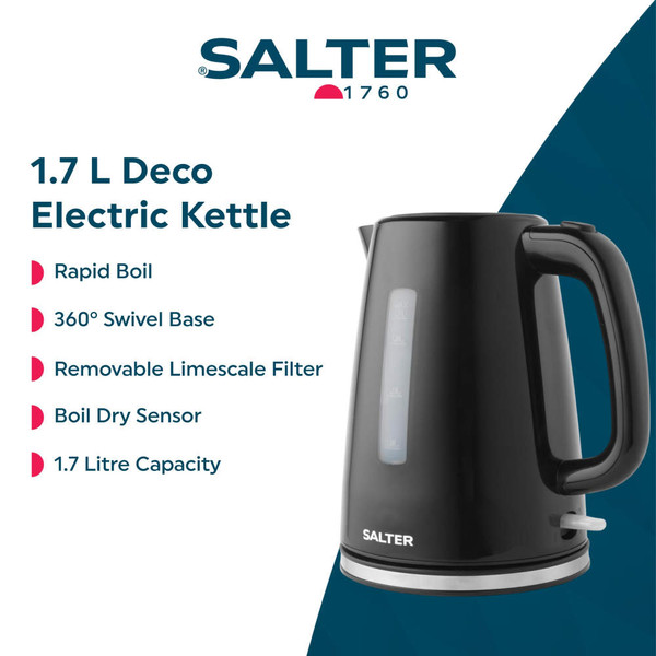 Black electric kettle and two-slice toaster set with chrome trim, side view