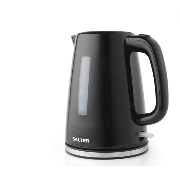 Black electric kettle with side water level window and handle, shown on white background
