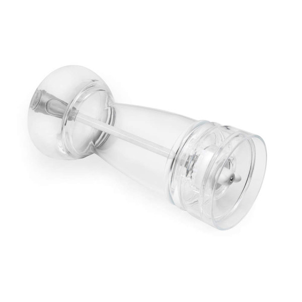 Clear acrylic manual pepper grinder shown angled on white background