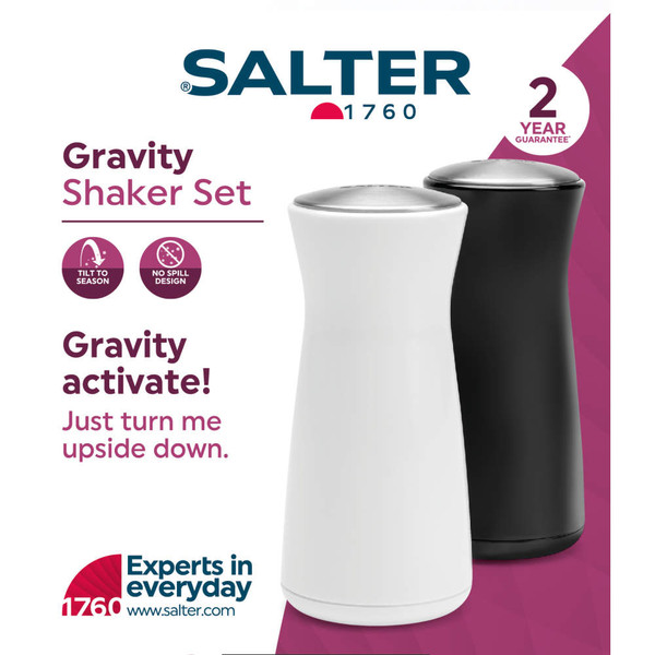 Set of two Salter gravity shakers, one white and one black, for no-spill seasoning.