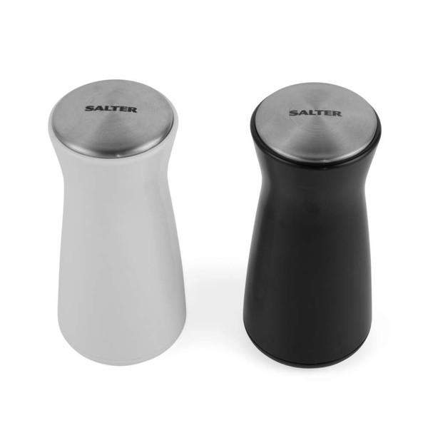 Pair of black and white Salter salt and pepper grinders with stainless steel tops