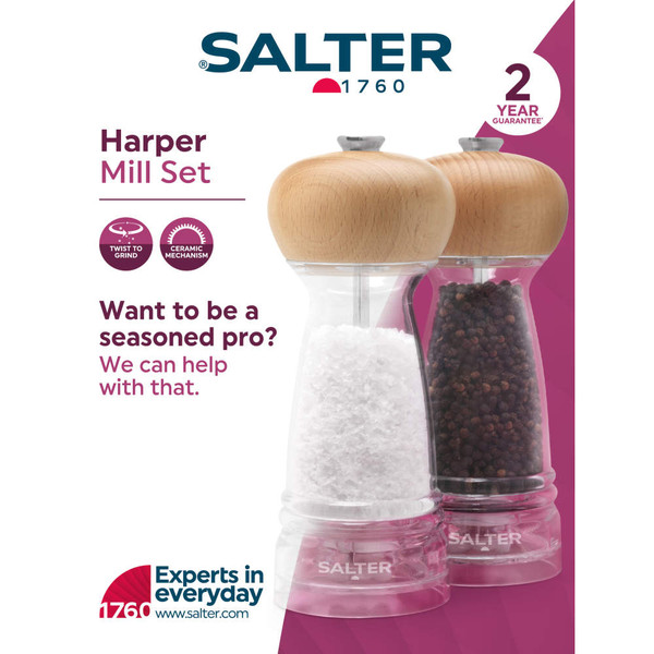 Salter Harper Mill Set, clear mills with wood tops for salt and pepper, 2-year guarantee