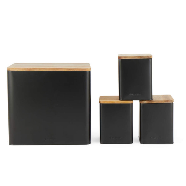 Set of four black storage canisters with bamboo lids, ideal for kitchen organisation.