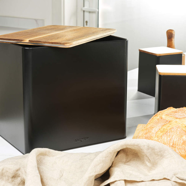 Black metal storage container with wooden lid, front view