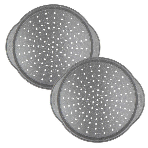 Set of two grey non-stick pizza crisping trays with perforated design