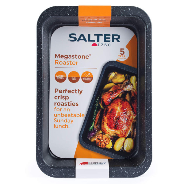 Salter Megastone roaster tray, non-stick carbon steel, black with speckle finish.