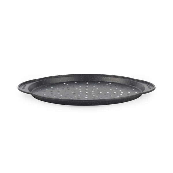 Grey non-stick pizza tray with perforations for crispier bases, shown angled on white background