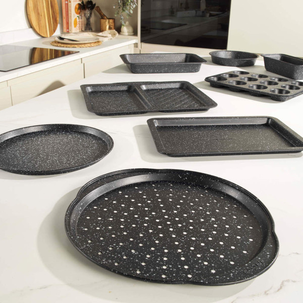 Grey 36cm non-stick pizza pan with holes, shown in packaging